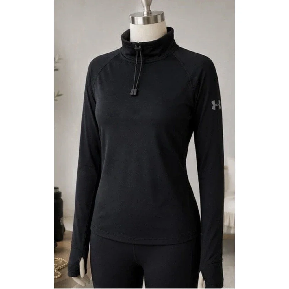 Under Armour ColdGear Run Fitted Black Mock Neck Pullover Thumbholes Women’s M